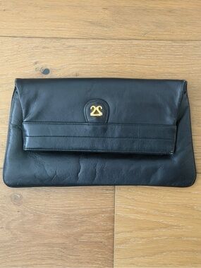 VTG 60s 70s Lewis Genuine Leather Foldover Pop Up Clutch Bag Squeeze Frame Black